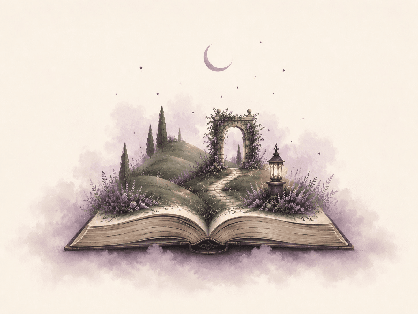 An open storybook from whose pages a small dreamscape rises — a vine-wrapped stone archway on a sage hill, lavender in bloom, cypress trees, a lit lantern and a winding path, beneath a crescent moon and scattered stars.