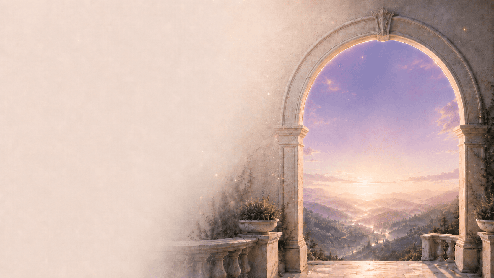 A rounded stone archway opening onto sunlit misty valleys at dawn, framed by ivy and balustrades, with motes of light drifting through the opening.