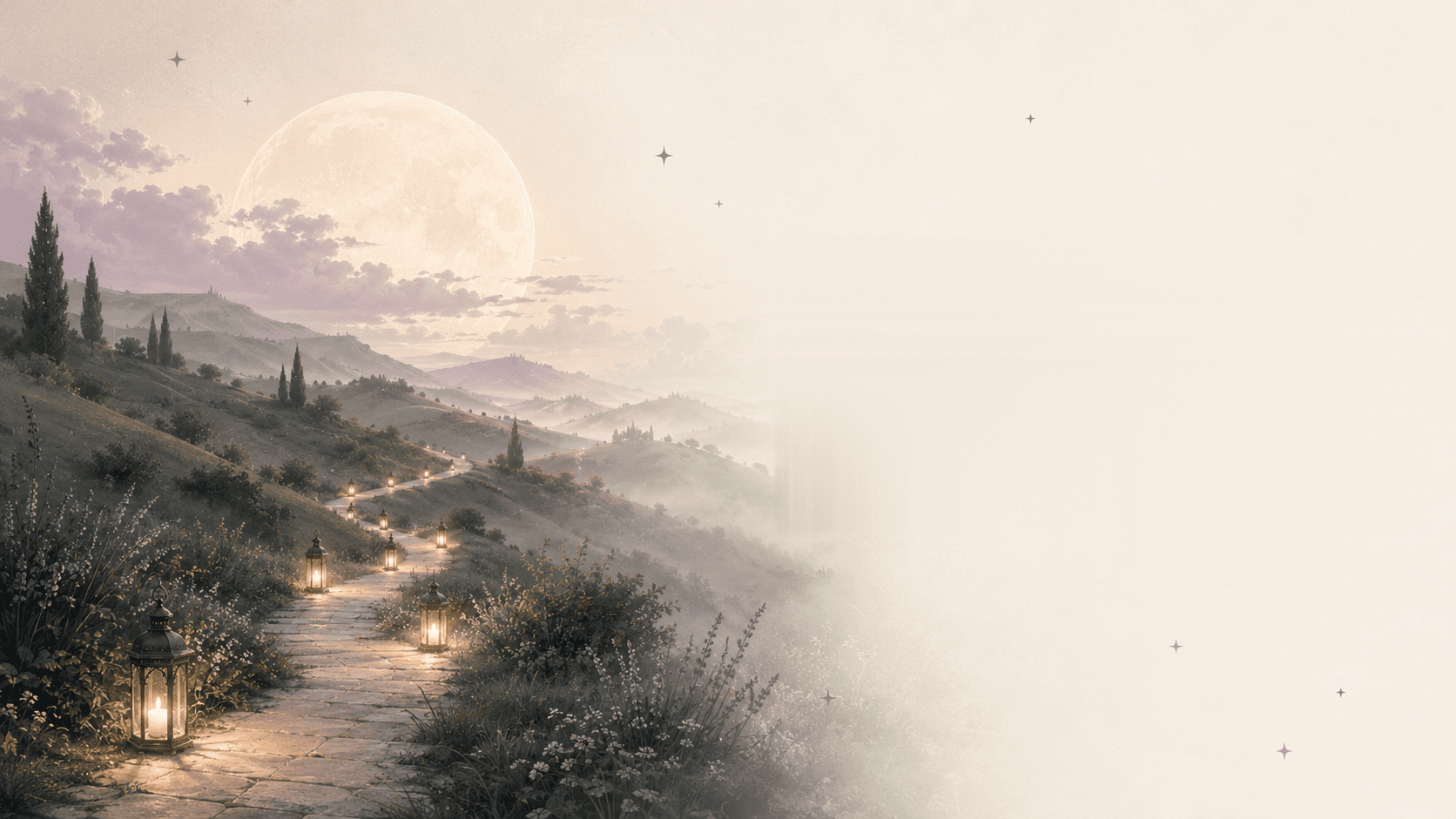 A lantern-lit stone path winding down misty sage hills under a huge pale moon, lavender and wildflowers in the foreground, the valley dissolving into ivory mist.