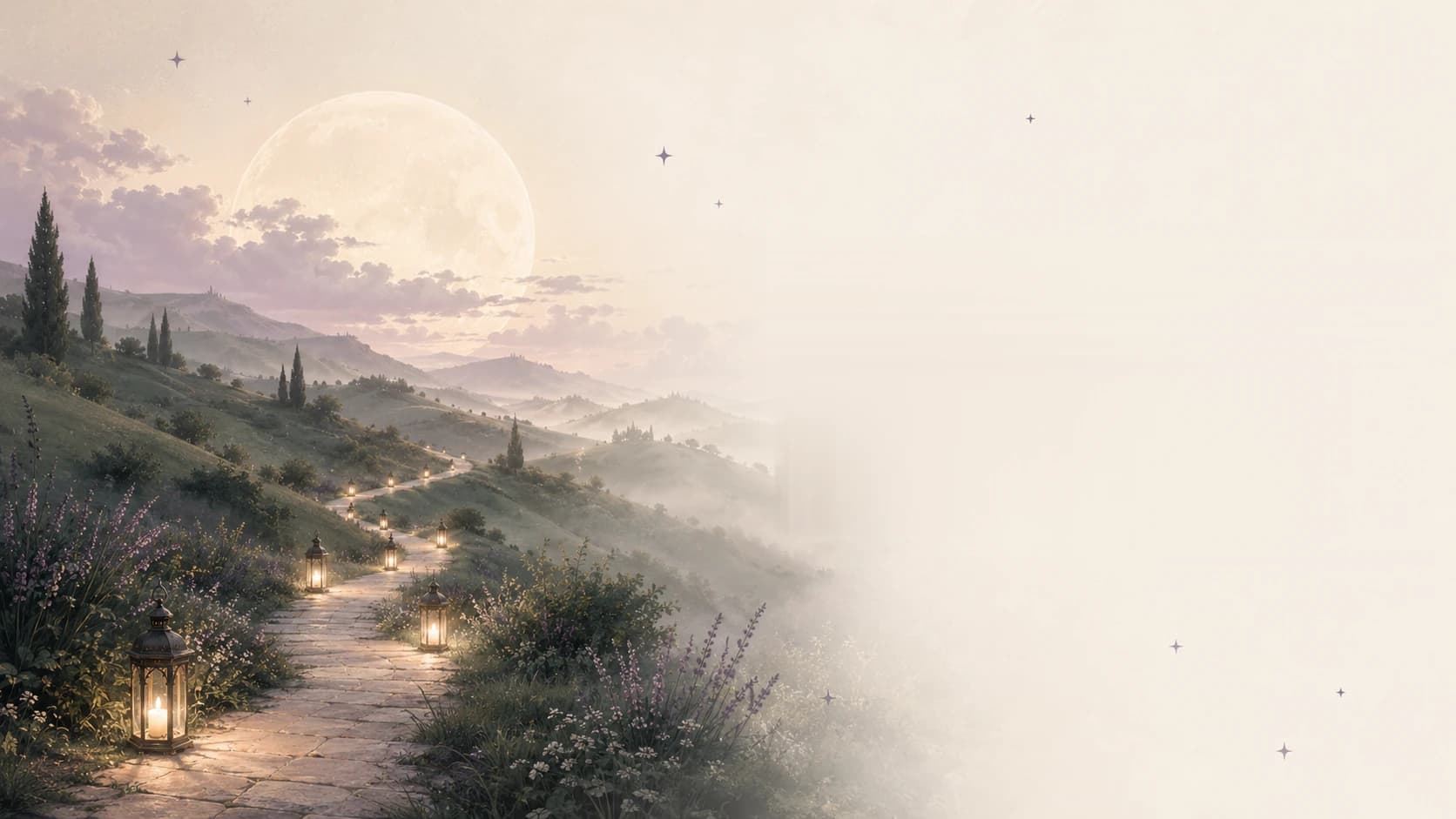 A lantern-lit stone path winding down misty sage hills under a huge pale moon, lavender and wildflowers in the foreground, the valley dissolving into ivory mist.