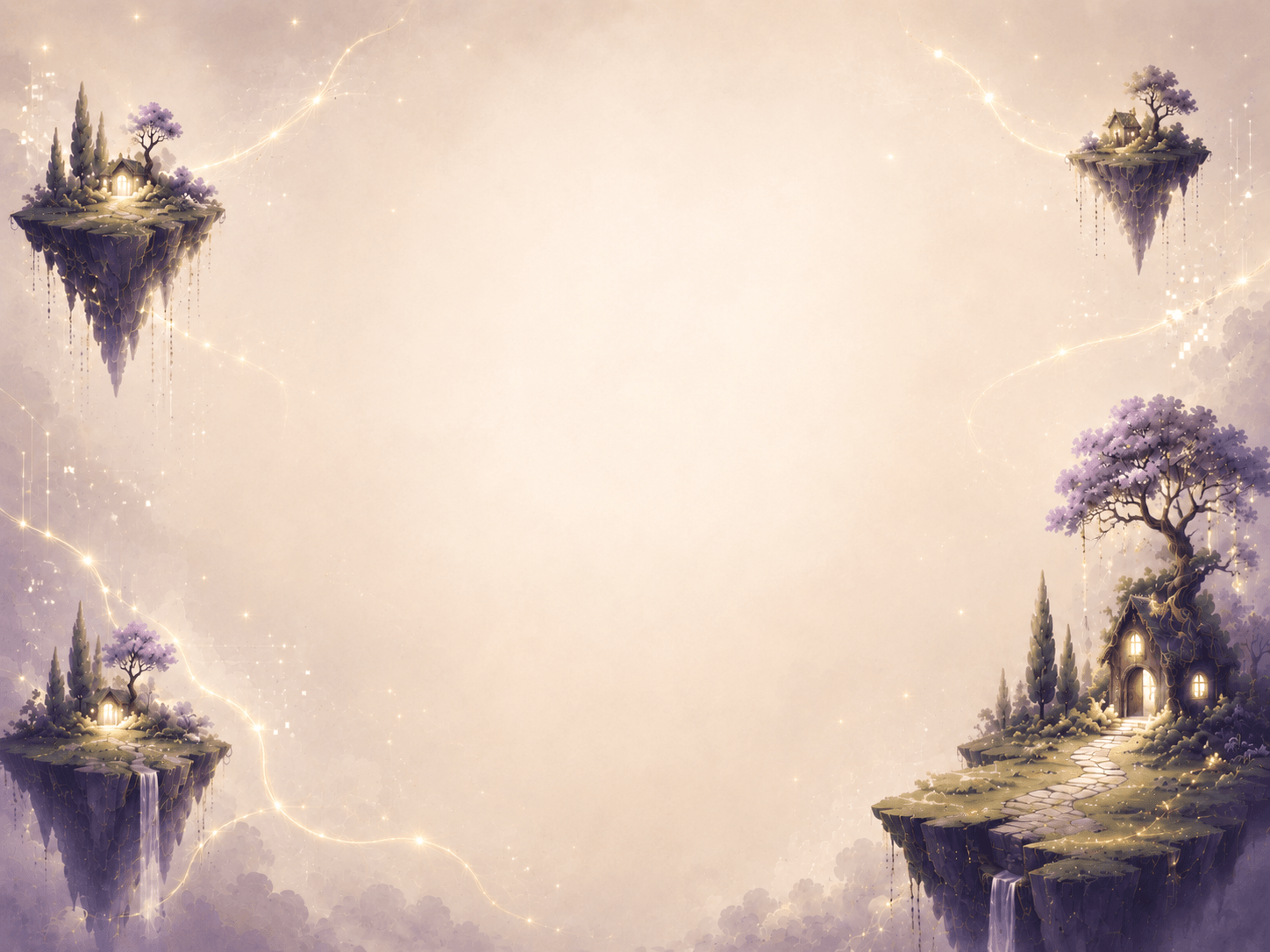 Floating islands drifting in a soft lavender sky — moss-covered isles at each corner with lantern-lit cottages, blossoming trees and trailing vines, threads of golden starlight strung between them across a pale open centre.