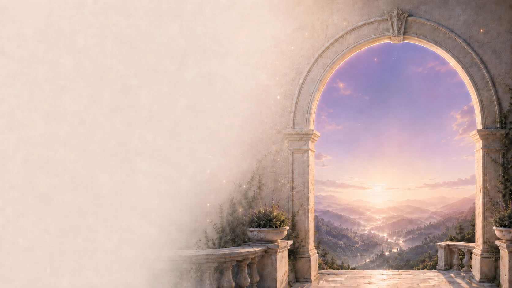 A rounded stone archway opening onto sunlit misty valleys at dawn, framed by ivy and balustrades, with motes of light drifting through the opening.